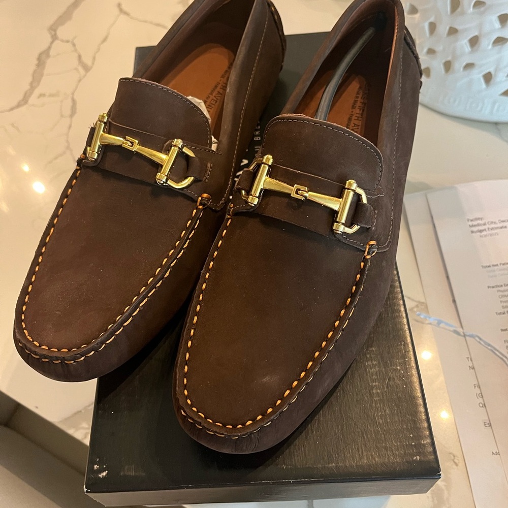 Saks Fifth Avenue Men's Brown suede Loafers with Gold Buckle